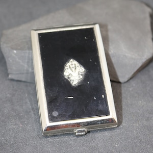 Vintage Black and Silver Enamel Double Compact - Powder and Rouge Compact - Maker Unknown - Rhinestone Set Top