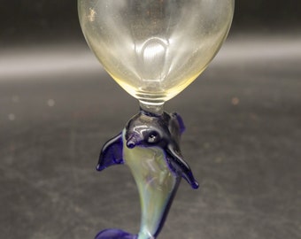 Vintage Dolphin Stem Wine Glass - Blue Dolphin Accented in White - Clear Base & Bowl