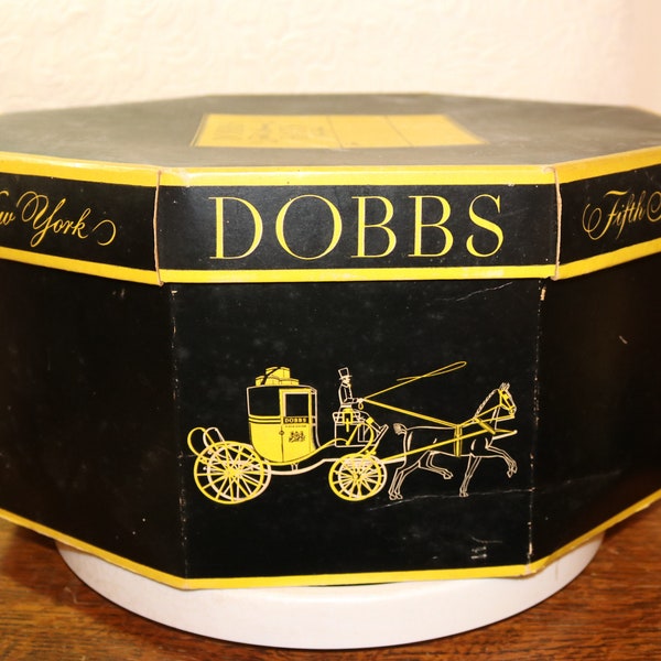 Vintage Dobbs Fifth Avenue Octagonal Men's Hatbox - Black & Yellow - Retail Store Memorabilia - Hat Storage - Hat Box - Paper