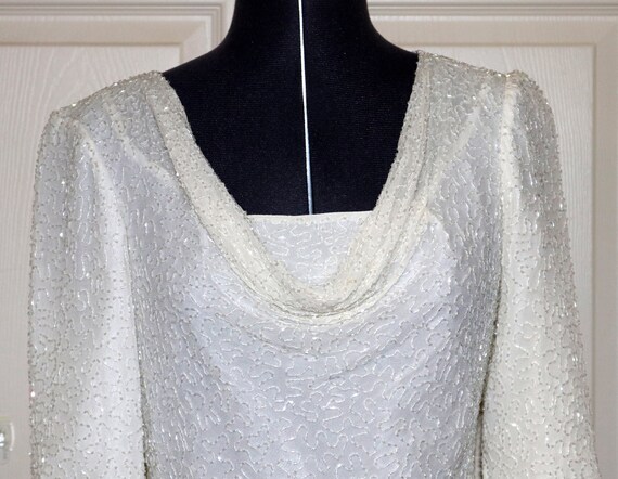 1980s Kazar Beaded Blouse - White - Cowl Scoop Ne… - image 2