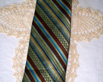 1970s Penney's Men's Tie - Green Brown Yellow & Turquoise Graphic Pattern - Wide Width - 100% Imported Polyester