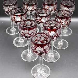 Set of 10 Vintage Cranberry Etched Floral Cordial Glasses - Red Etched to Clear - Etched Floral Pattern - Crystal Stemware