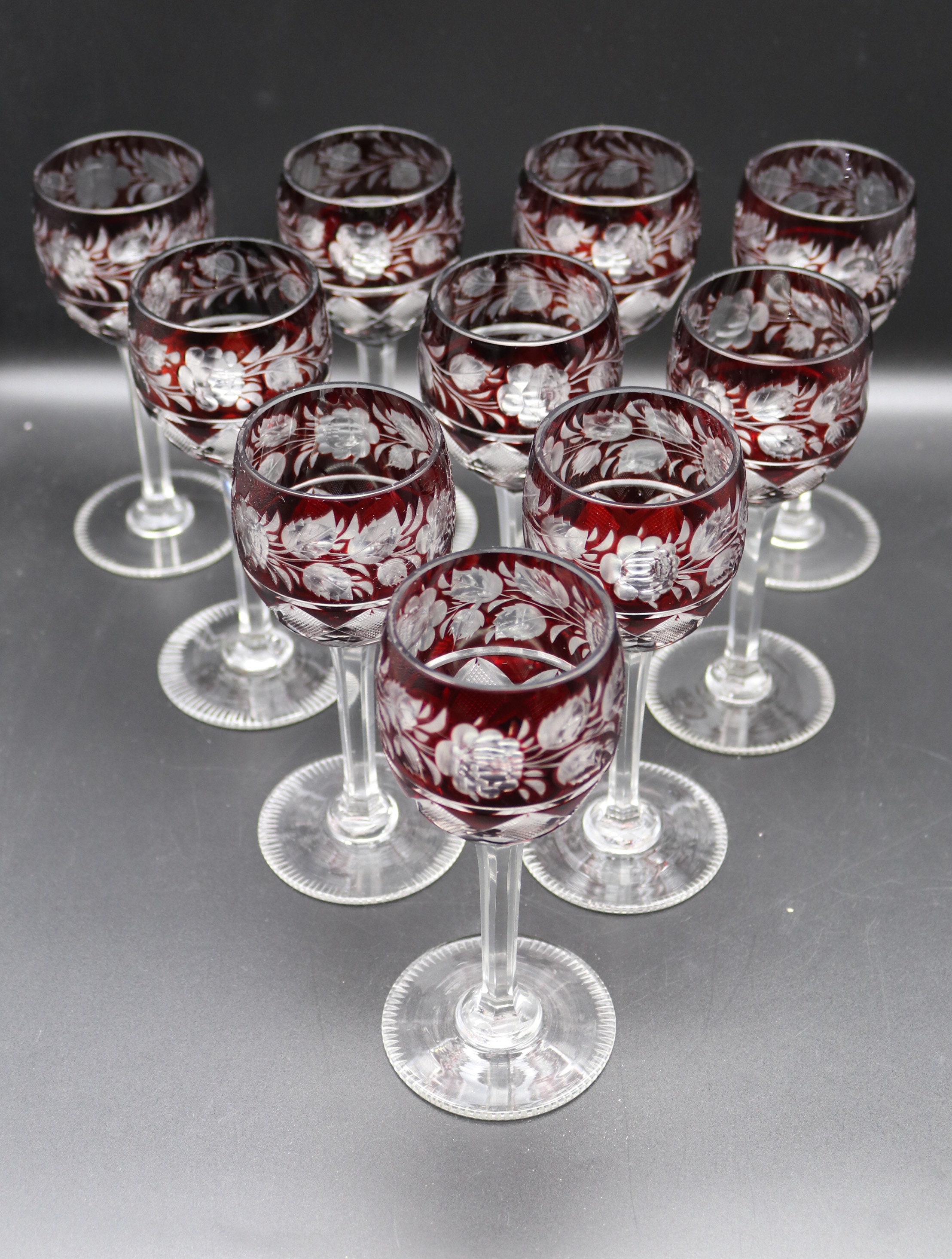 Pair Vintage Czech Bohemian Cut to Clear Hock Wine Glasses - Ruby Lane