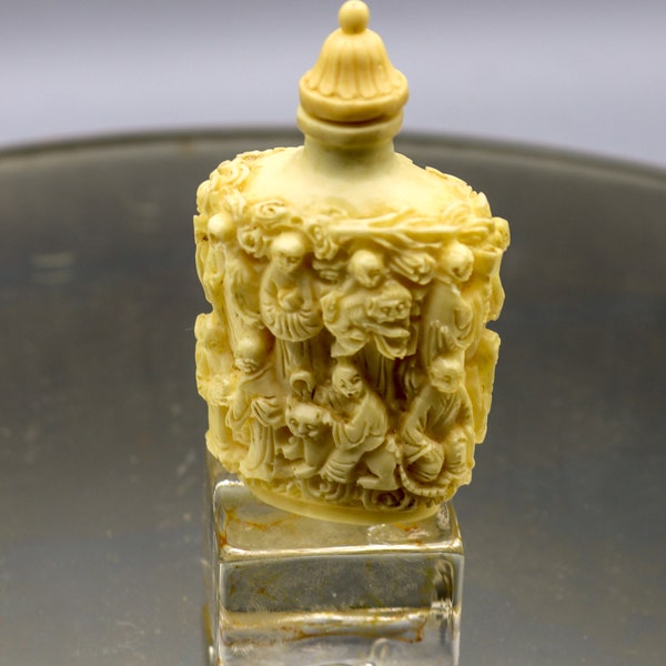 Vintage Asian White Cinnabar Carved Miniature Snuff Bottle -Perfume Bottle - Asian Snuff Bottle - Resin Bottle