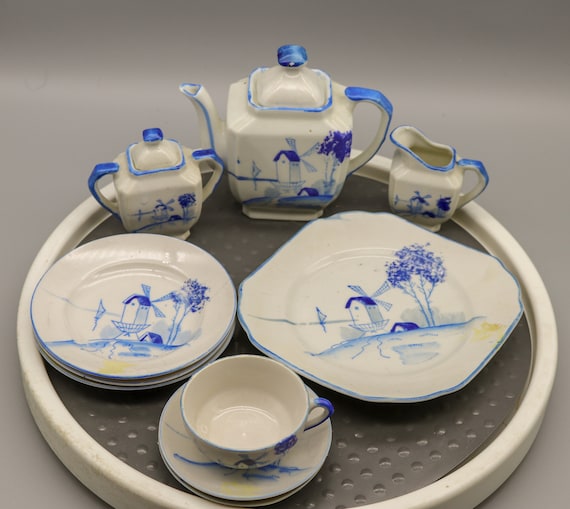 Vintage 1940s Child's Tea Set: Blue Windmill China, Made in Japan (10 pcs)