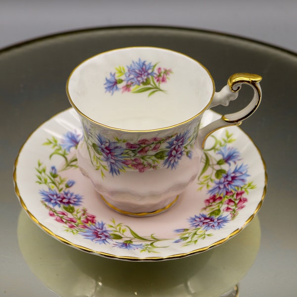 Vintage Rosina "Wild Flowers" English Bone China Cup& Saucer - Matched Set - White Fade to Pink - Made in England