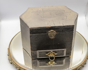 Vintage Antique Wood Collar Box with 4 Collars - Edwardian Men's Dresser Box - Cotton Lined - Travel Box