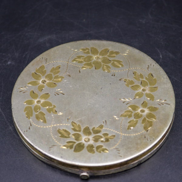 Vintage Floral Etched Loose Powder Compact - Extra Large Floral Compact - Used - 1950s - Made in USA