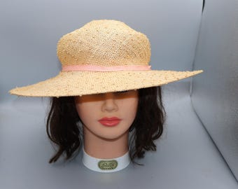 Vintage Floral Straw Sun Hat - Peach Grosgrain Band
