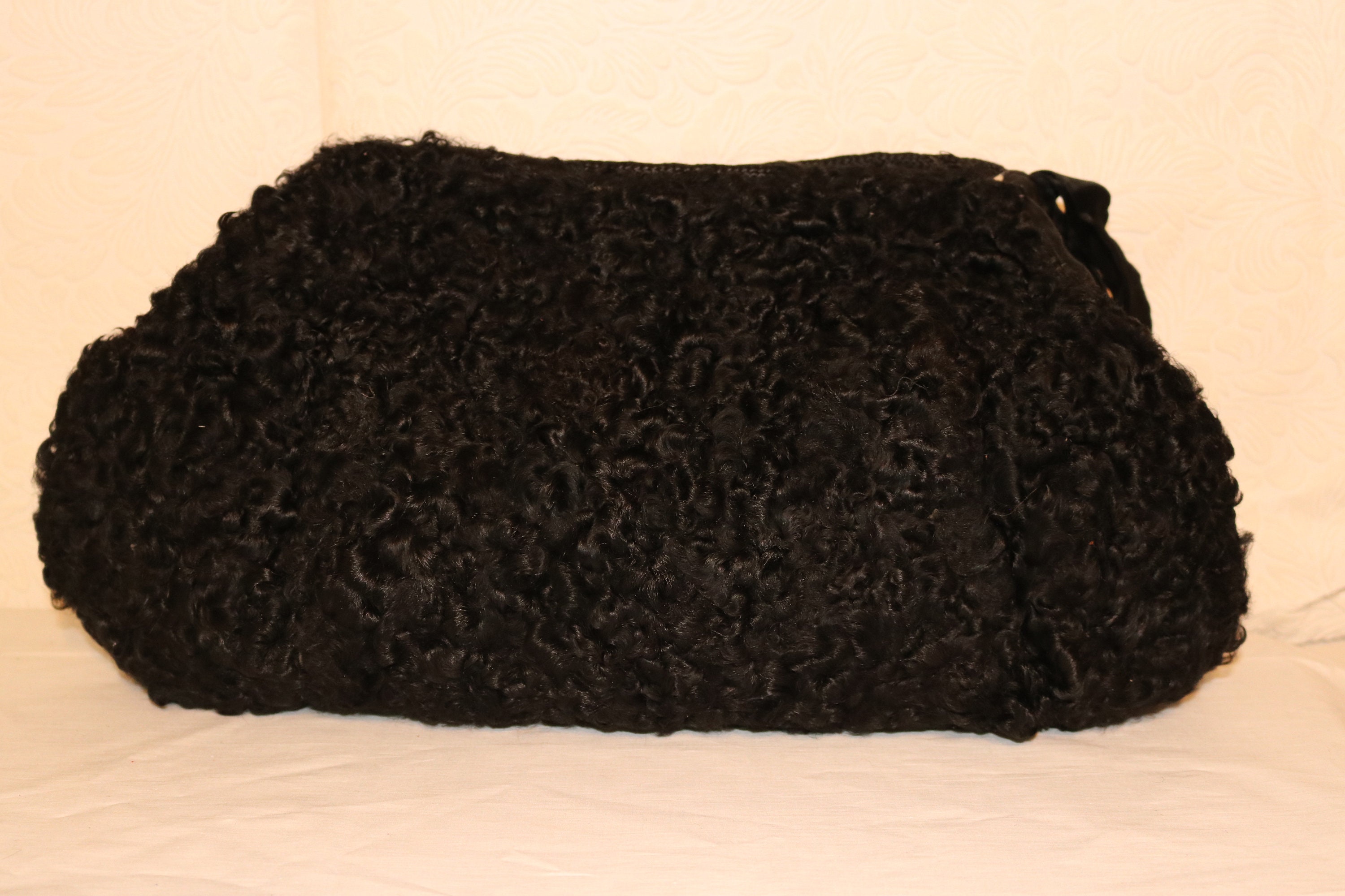 Vintage 1930s Black Curly Lamb Wool Purse Muff