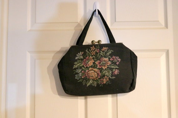 Vintage Black Tapestry Handbag Purse - Kiss Clasp… - image 1
