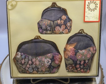Juego de accesorios vintage de Liz Thomas: estuches con tapiz floral, años 80 (nuevo)