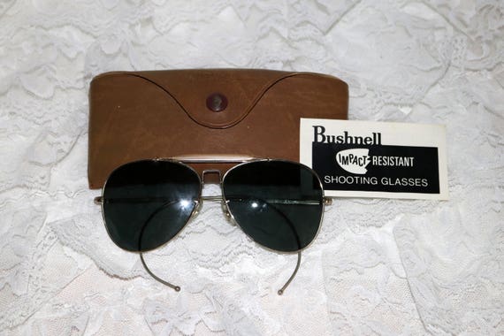 Vintage Bushnell by Bausch & Lomb - Aviator -Shooting Glasses - Impact Resistant - 1970s - Grey Green - Plus CASE - Bow Marked Bushnell