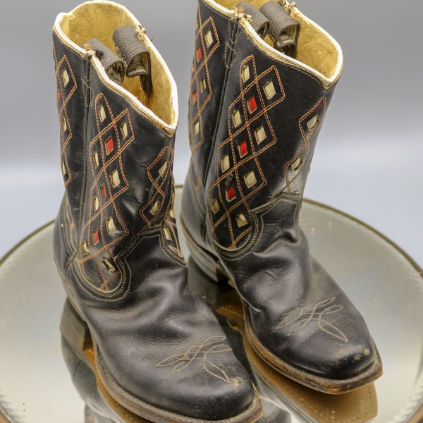 Vintage 1940s/50s Acme Children's Cowboy Boots - Pre-Owned - Black w/ Red & White Inlaid - Diamond Pattern