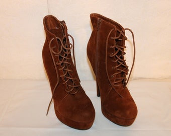 90s Platform Booties: Cognac Brown Faux Leather Stiletto Ankle Boots - Size 9