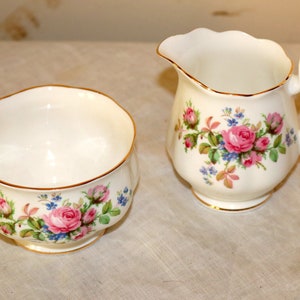 Vintage Royal Albert Creamer & Sugar Set - &quot;Moss Rose&quot; - Bone China Creamer and Sugar Bowl - England Pink Gold - Breakfast Set