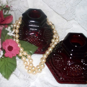 Avon 1876 Cape Cod Candle Sticks -  Ruby Red - Pressed Glass - Retired
