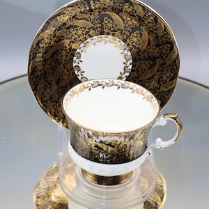 ELIZABETHAN Black Gold Fern Fronds Flowers Footed Tea Cup & Saucer - Scalloped Ribbed - Fine Bone China - Made In England