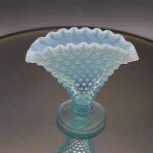 Vintage Fenton Blue Opalescent Ruffled Hobnail Small Fan Vase - Hard to Find - Excellent Condition - No Label - Vanity Makeup Brush Holder