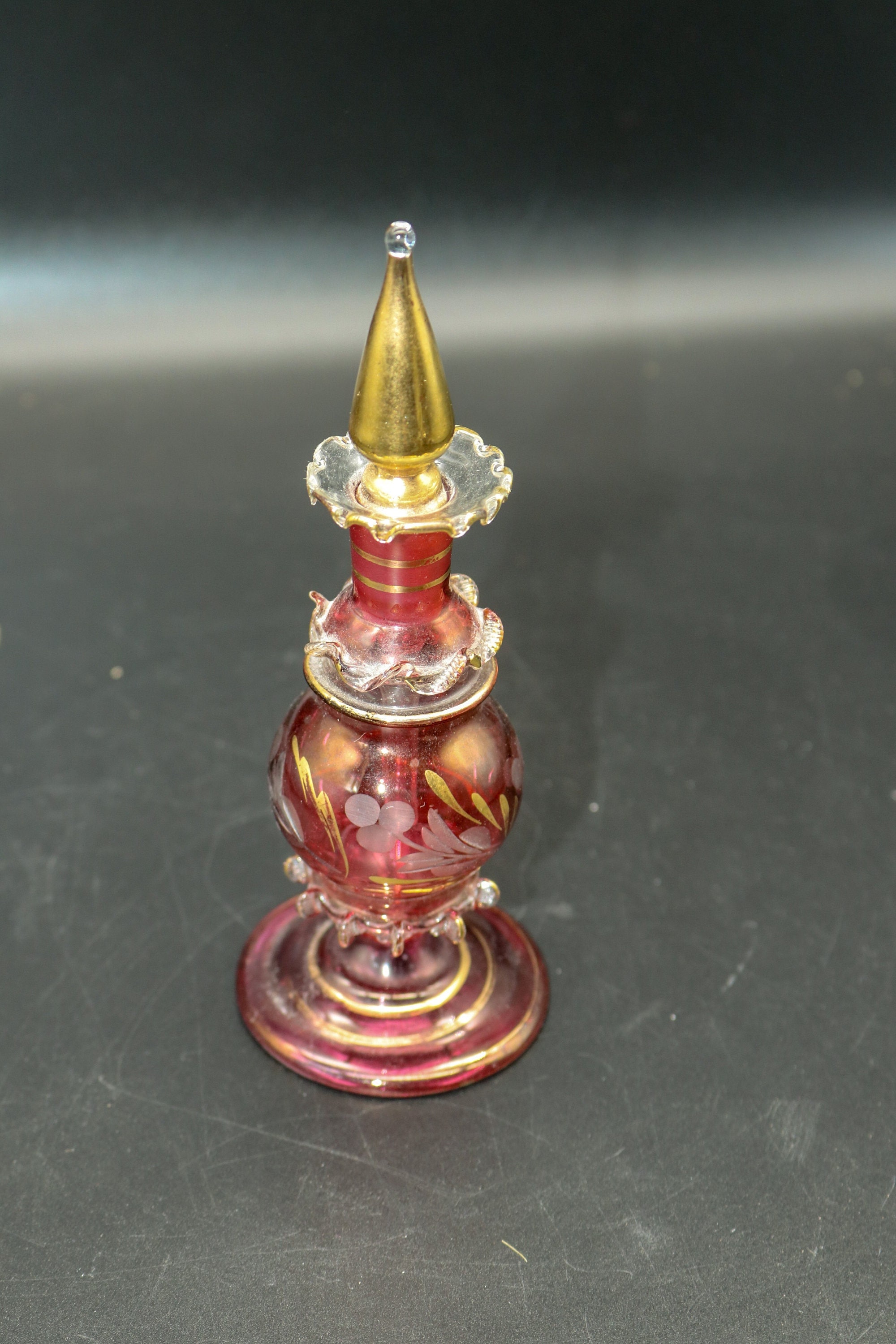 Vintage Ruby Gold Egyptian Perfume Bottle - Hand Blown Stopper - Vanity Setting