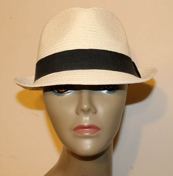 Vintage Men's White Straw/Black Ribbon Fedora Hat … Gem