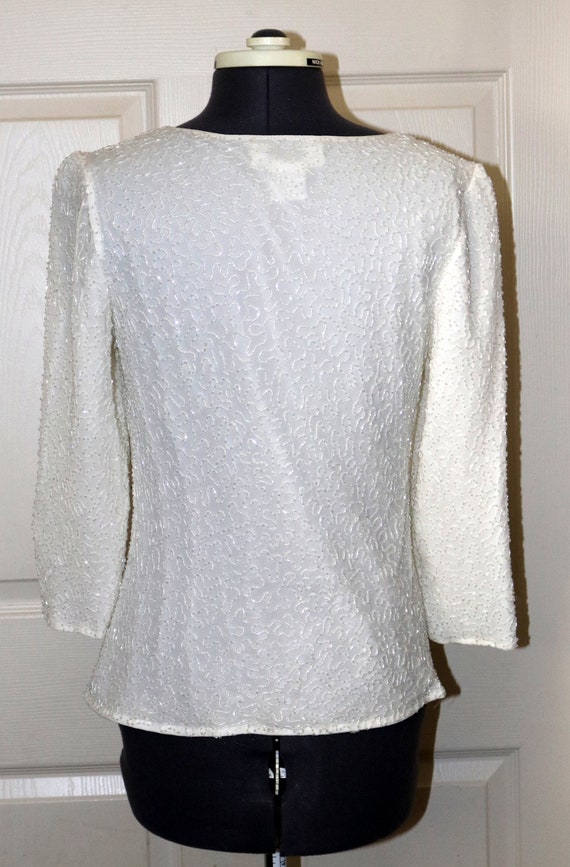 1980s Kazar Beaded Blouse - White - Cowl Scoop Ne… - image 5