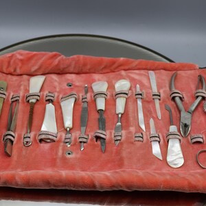 May include: An antique dental or surgical instrument set. The tools are arranged on a red velvet interior within a black leather case. The instruments have mother-of-pearl handles and silver-colored blades. The set includes various tools, such as scalpels, scissors, and pliers.