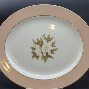 Vintage Sevron &quot;Fair lady&quot; Serving Platter - Peach/Pink Rim - Magnolia blossoms - 15-1/4&quot; x 13-1/8&quot;