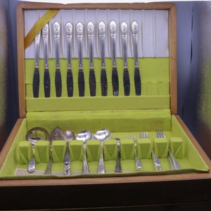 Puede incluir: Un juego de cubiertos antiguos en una caja de madera. El juego incluye cuchillos, tenedores y cucharas con mangos ornamentados. El interior de la caja está forrado con fieltro verde, y los cubiertos están cuidadosamente dispuestos.