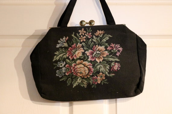 Vintage Black Tapestry Handbag Purse - Kiss Clasp… - image 2