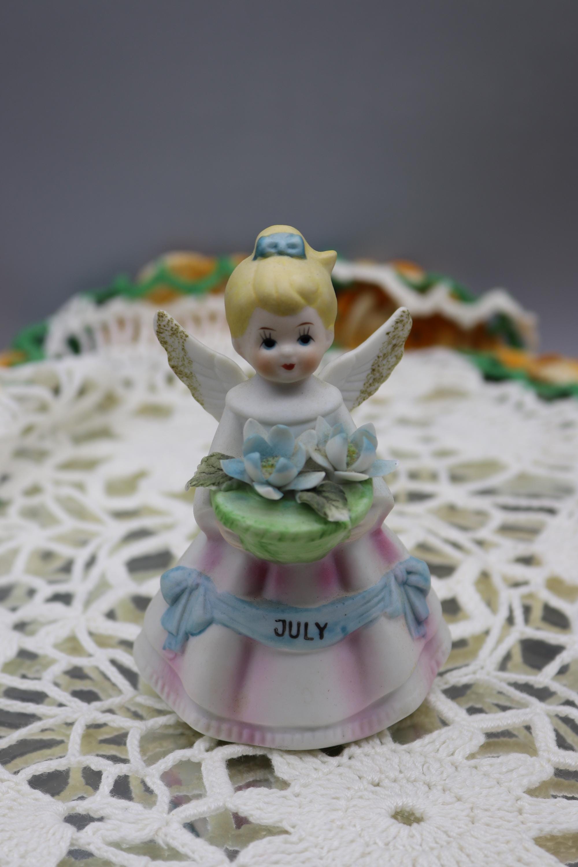 Vintage July Birthday Angel Figurine - Porcelain Flowers in Basket - Unmarked - 1960s - No Chips