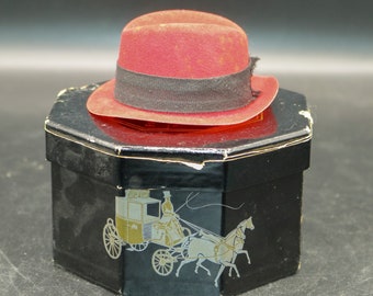 Vintage Dobbs Hats Men's Salesman Sample Fedora Hat & Box - Dobbs Fifth Avenue Hats - Red with Black Ribbon Band - Miniature Hat and Box