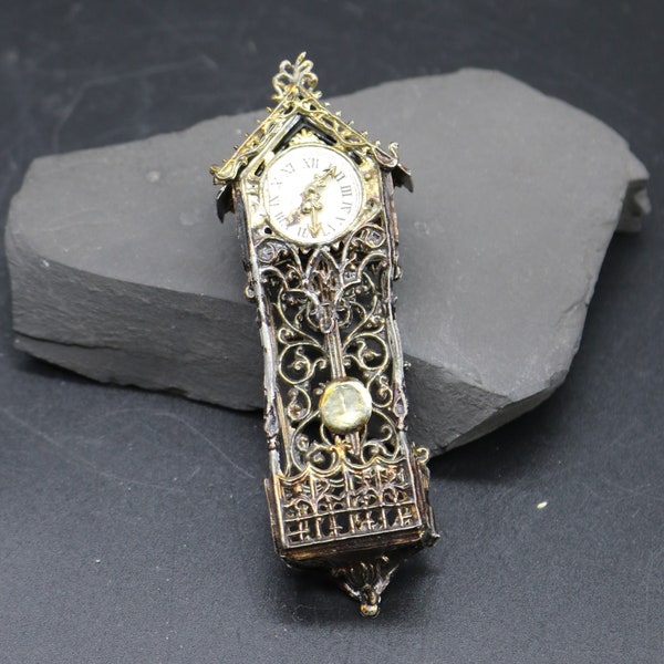 Antique Dollhouse Miniature Filigree Metal Cased Wall Clock - White Metal Filigree