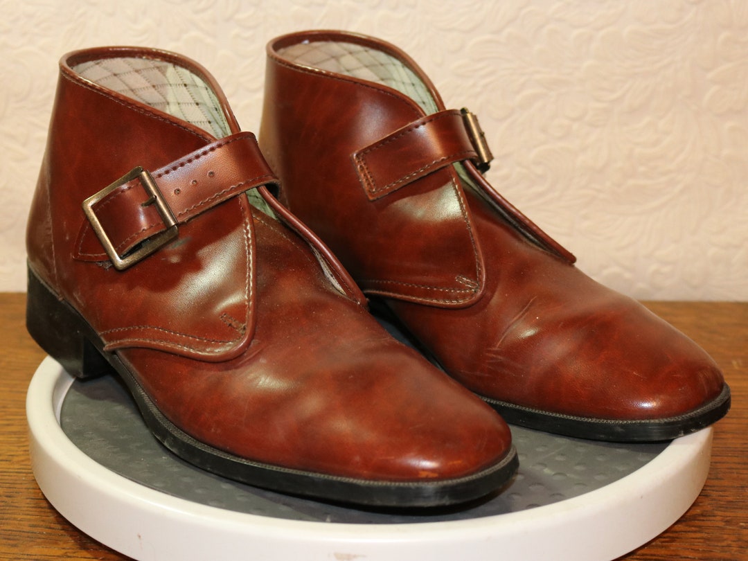 Men's 1960s Brown Leather Ankle Boots Mod 60s Monk Strap Buckles Pre