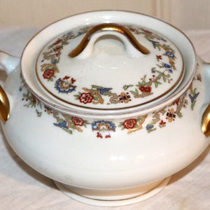 Oriental by OPCO Syracuse  - Covered Sugar Bowl - White Background - Gold Trim - Fine China