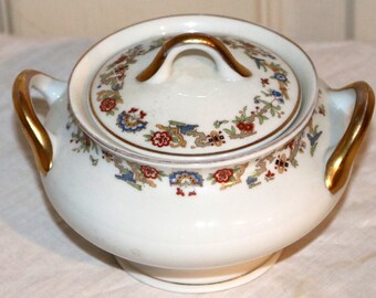 Oriental by OPCO Syracuse  - Covered Sugar Bowl - White Background - Gold Trim - Fine China