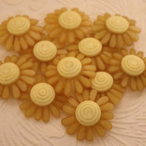 Puede incluir: Una colección de diez botones de plástico en forma de margarita de color amarillo y blanco. Los botones tienen un centro elevado con círculos concéntricos.