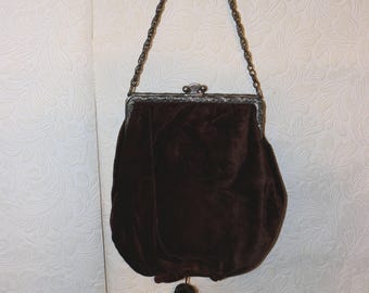Antique Edwardian Brown Velvet Purse: Silver Frame, Chain Strap, 1920s Evening Bag