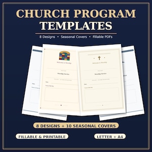 Church Program Template Bundle 8 Designs 10 Seasonal Covers Fillable PDF Worship Bulletin