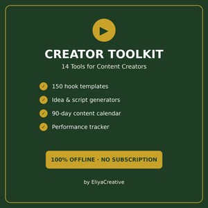 Puede incluir: Un gráfico digital verde oscuro titulado CREATOR TOOLKIT 14 Tools for Content Creators. Enumera 150 plantillas de ganchos, generadores de ideas y guiones, un calendario de contenido de 90 días y un rastreador de rendimiento. Incluye 100% OFFLINE NO SUBSCRIPTION.