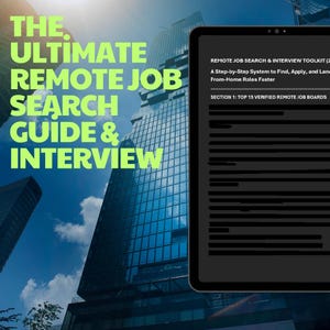 Może przedstawiać: Tablet cyfrowy wyświetlający dokument zatytułowany Remote Job Search & Interview Toolkit z podtytułem A Step-by-Step System to Find, Apply, and Land From-Home Roles Faster oraz Section 1: Top 15 Verified Remote Job Boards.