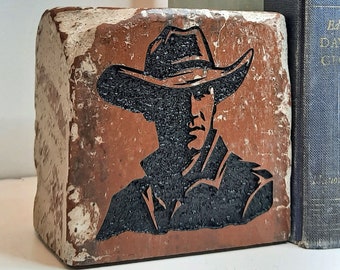 Cowboy Engraved Rustic Brick Bookend Home Decor