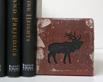 Elk Silhouette Engraved Half Red Brick Bookend Shelf Décor