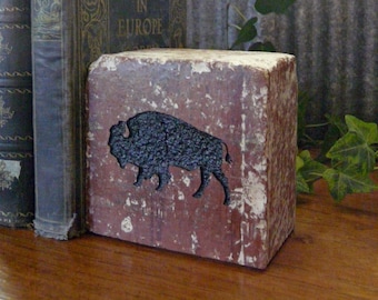 American Buffalo Bison Silhouette Engraved Half Red Brick Bookend Shelf Decor