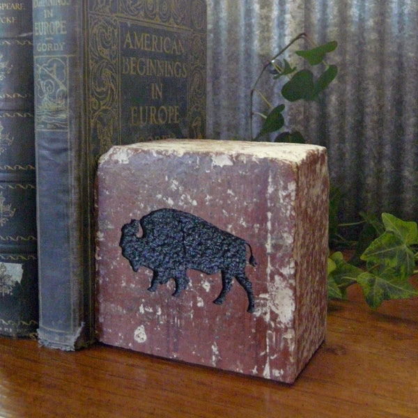 American Buffalo Bison Silhouette Engraved Half Red Brick Bookend Shelf Decor