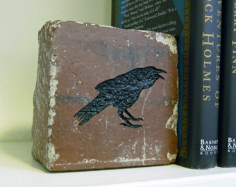 Crowing Raven Silhouette Engraved Half Red Brick Bookend Shelf Decor