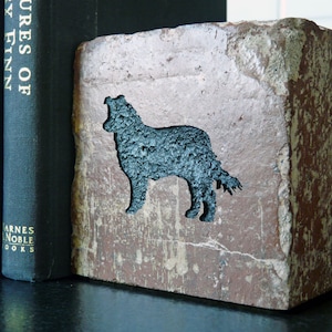 Farm Dog Border Collie Silhouette Engraved Half Red Brick Bookend Shelf Décor