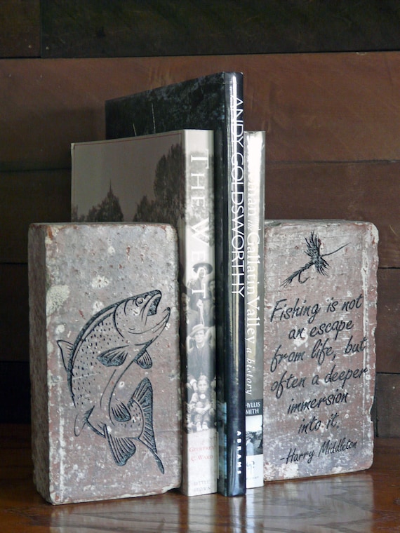 Fishing is Not an Escape From Life Harry Middleton Quote and Jumping  Trout Distressed Brick Bookends 
