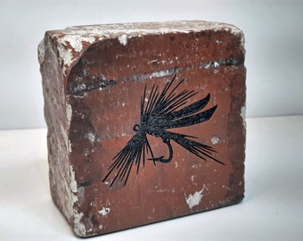 Fly Fishing Dry Fly Silhouette Engraved Half Red Brick Bookend Shelf Decor