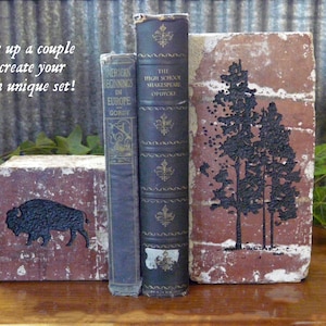 May include: A set of rustic bookends made from repurposed bricks. One bookend features a black bison silhouette, the other a black tree design. Two antique books stand between the bookends. The text on the image reads: "Pair up a couple to create your own unique set!"